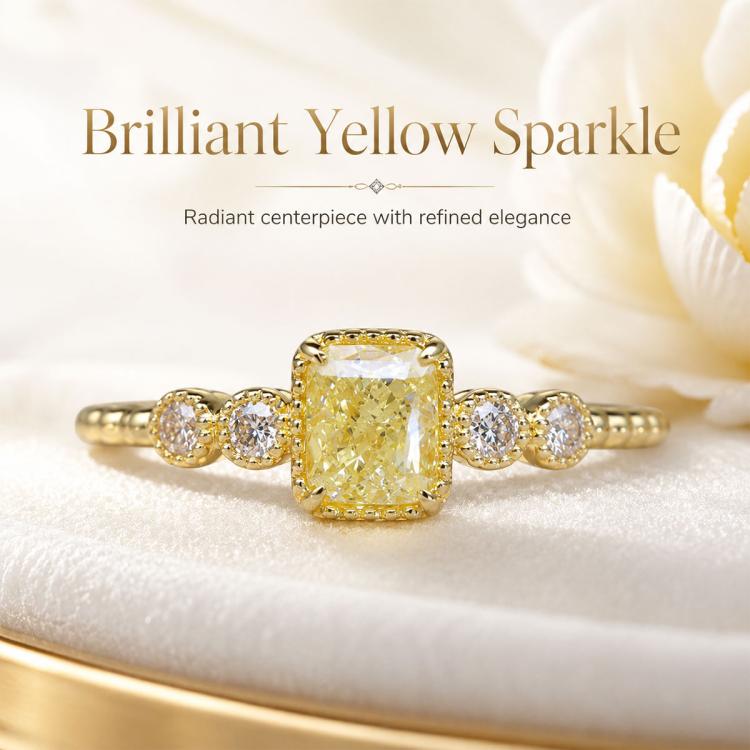 Gold-tone ring with square yellow center stone and four round clear side stones.