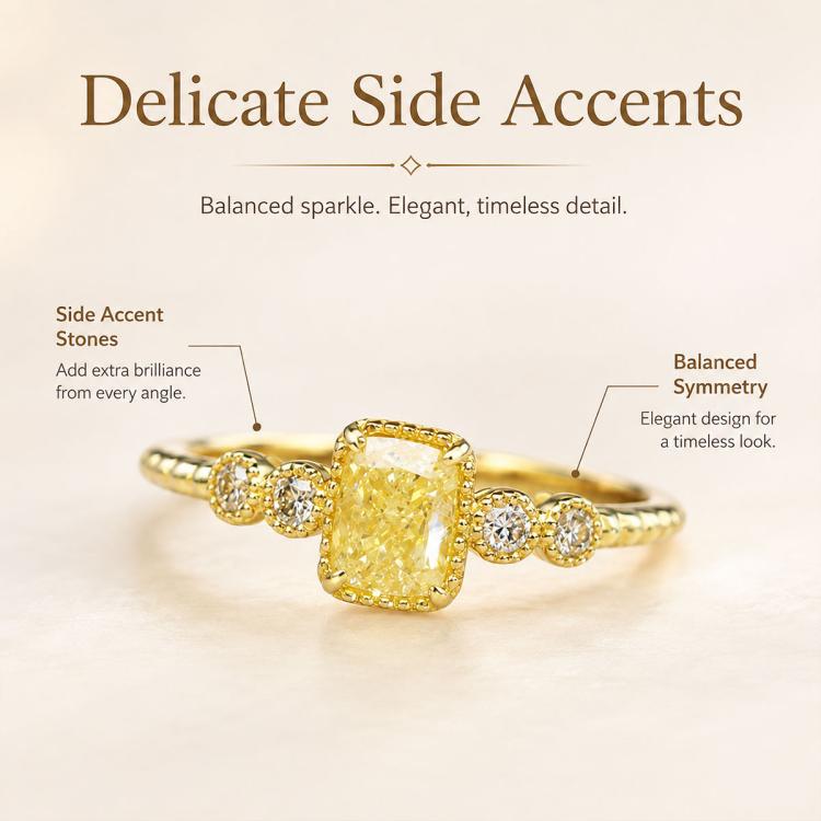 Gold-tone ring with yellow square center stone and paired round clear side stones.