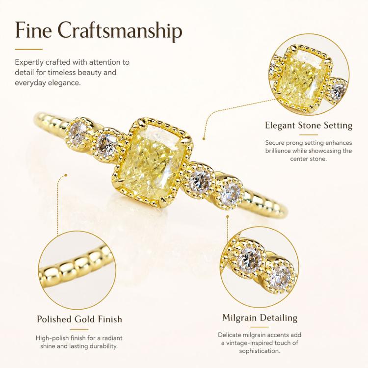 Gold-tone ring with square yellow center stone, clear round accents, and milgrain edges.
