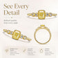 Gold-tone ring with square yellow center stone and clear stones, shown from the side.