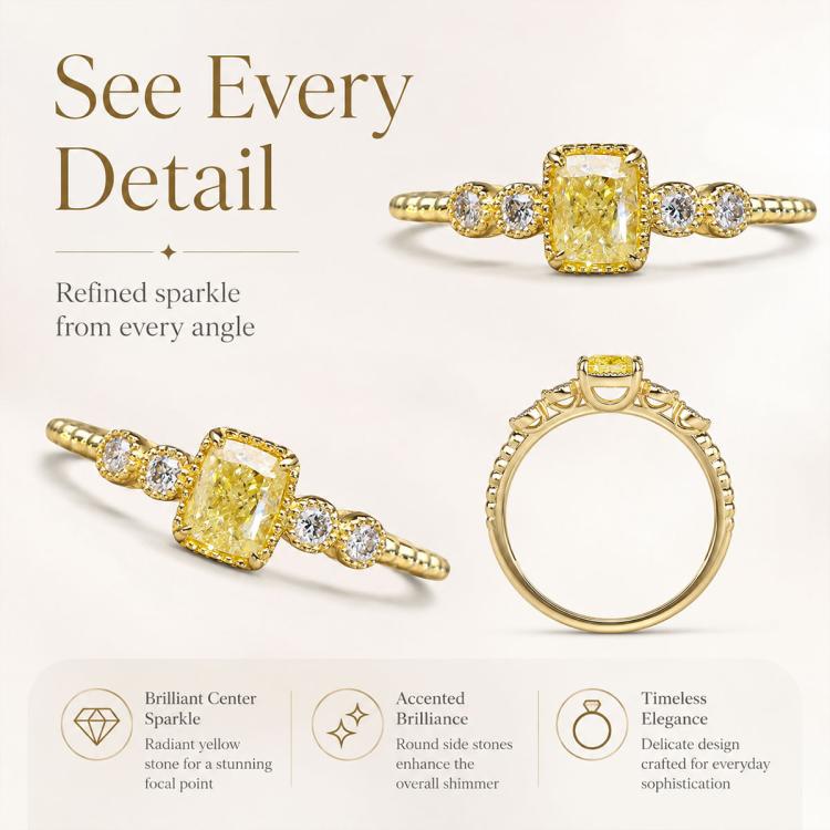 Gold-tone ring with square yellow center stone and clear stones, shown from the side.