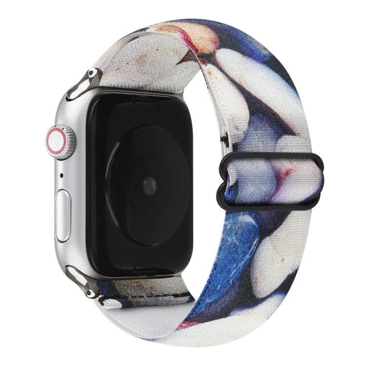 Buckle watch band with white fabric and blue abstract pattern, loop buckle
