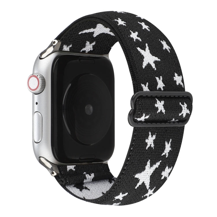 Buckle watch band with black fabric and white star pattern, loop buckle