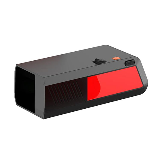 Electric rodent trap device with dark gray body and red front panel window