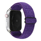 Purple stretchy nylon Apple Watch band with black hook-and-loop clasp