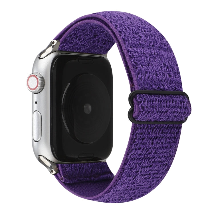 Purple stretchy nylon Apple Watch band with black hook-and-loop clasp