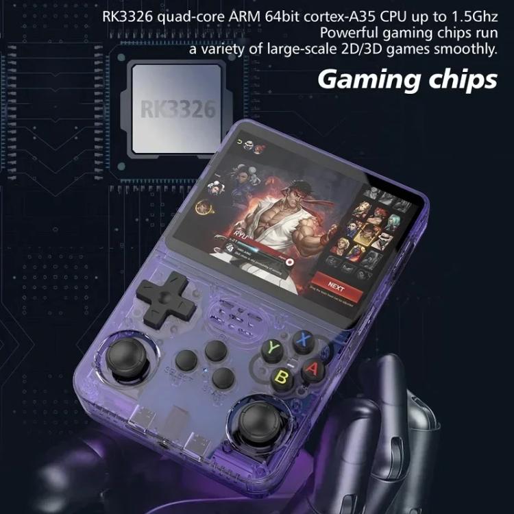 Purple translucent handheld game console with dual thumbsticks and ABXY face buttons