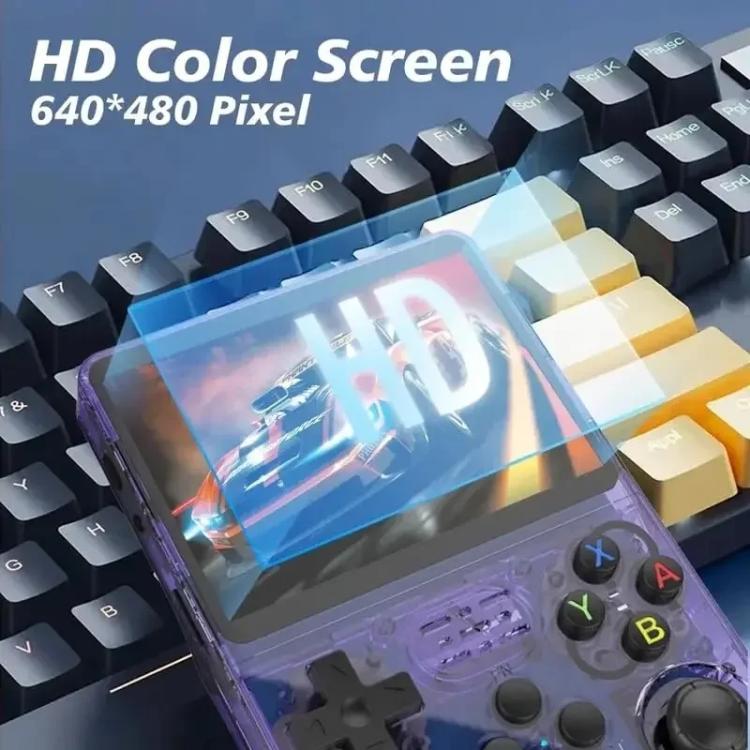 Purple translucent handheld console featuring a 3.5-inch HD color screen