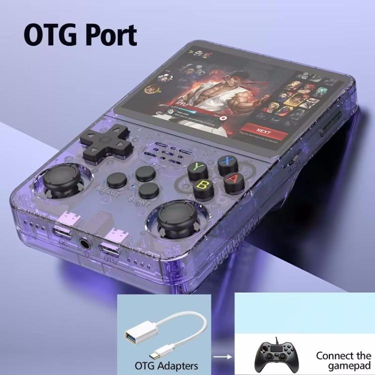 Purple handheld console with OTG port and dual thumbsticks, screen facing up