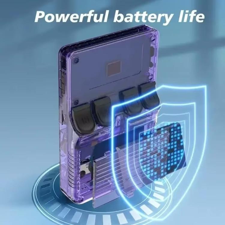 Purple translucent handheld console with blue light showing battery-life protection