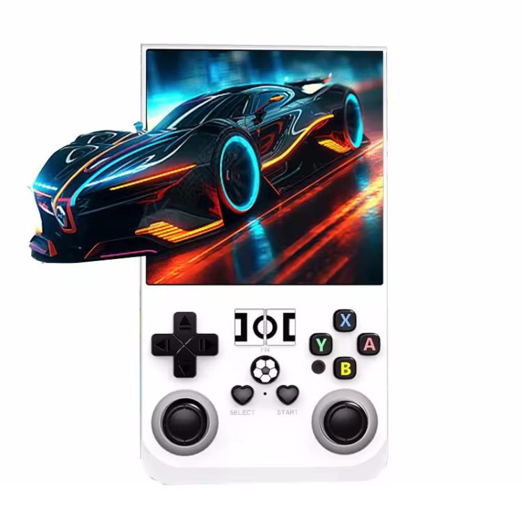 White handheld retro game console with 4-inch screen and dual analog sticks