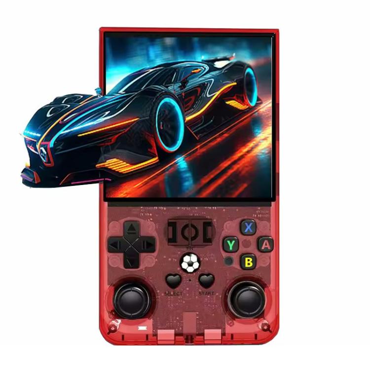 Red handheld retro game console with 4-inch screen and cross-shaped D-pad