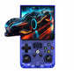 Blue handheld retro game console with 4-inch screen and circular thumbsticks
