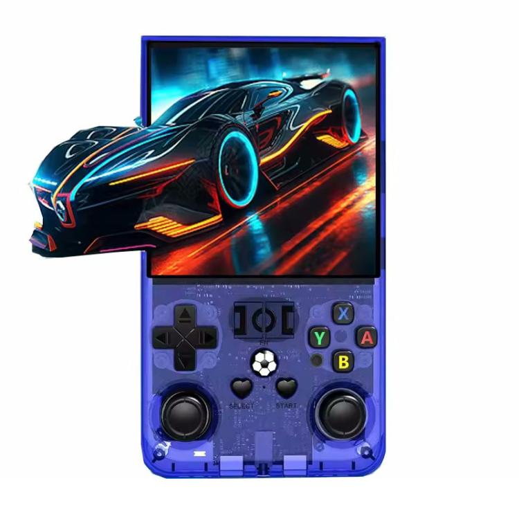 Blue handheld retro game console with 4-inch screen and circular thumbsticks
