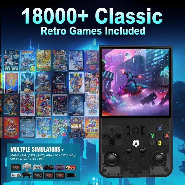Handheld retro game console on display with colorful game screen and buttons