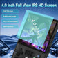 Handheld retro game console angled view with full-screen game display