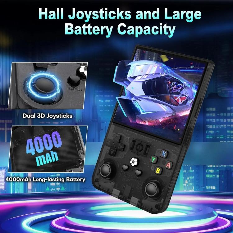 Black handheld retro game console with screen, thumbsticks, and shoulder controls