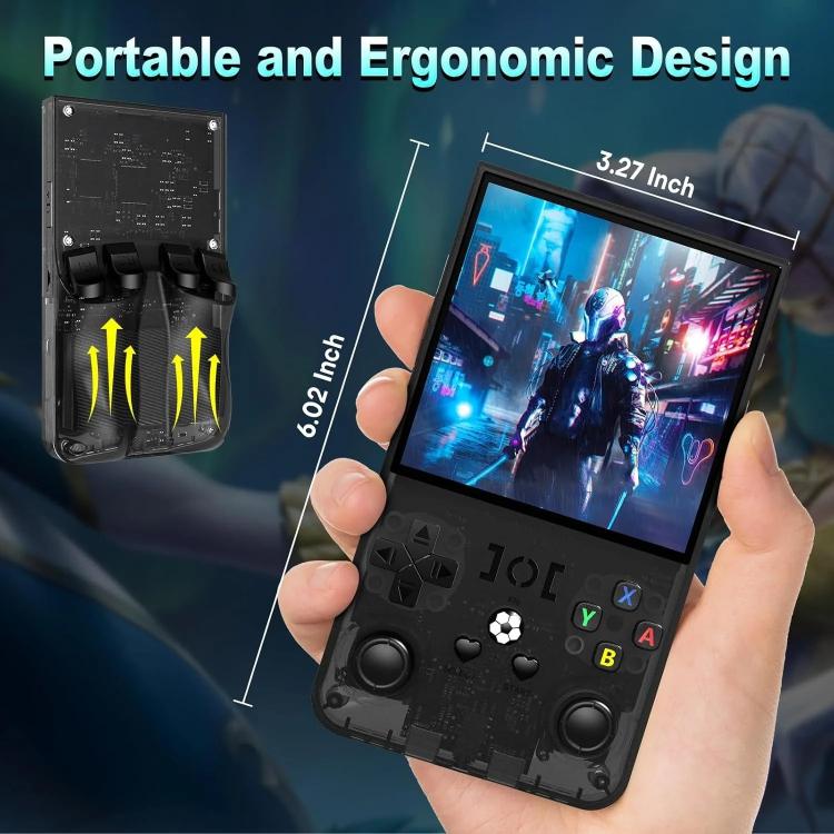 Black handheld retro game console with 3.27-inch screen and controller buttons