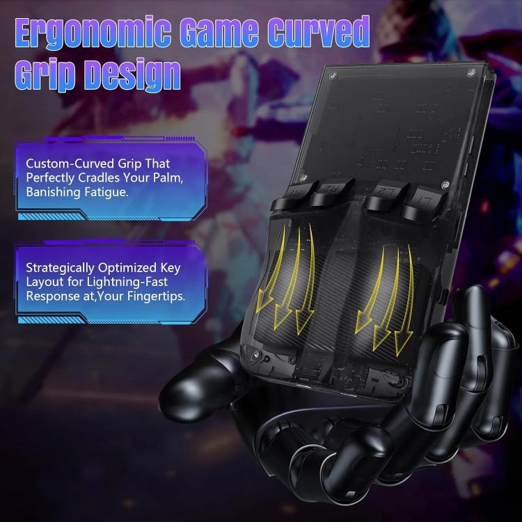 Black handheld game console rear view with ergonomic grip handles and back panel