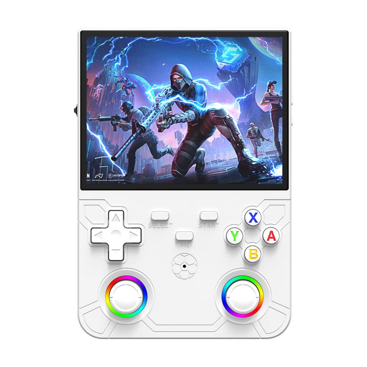 White handheld retro game console with 4.5-inch screen and dual thumbsticks