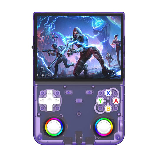 Purple handheld retro game console with 4.5-inch screen and dual thumbsticks