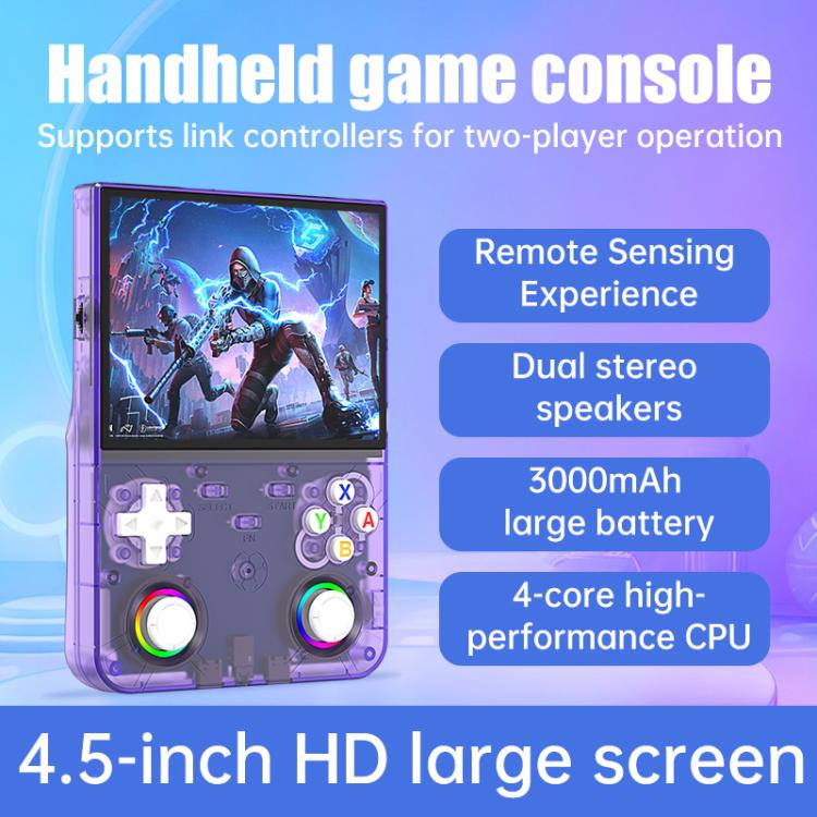 Purple handheld game console with 4.5-inch display and controller buttons