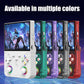 Handheld retro game consoles in multiple colors with screens and button controls