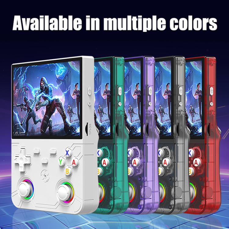 Handheld retro game consoles in multiple colors with screens and button controls