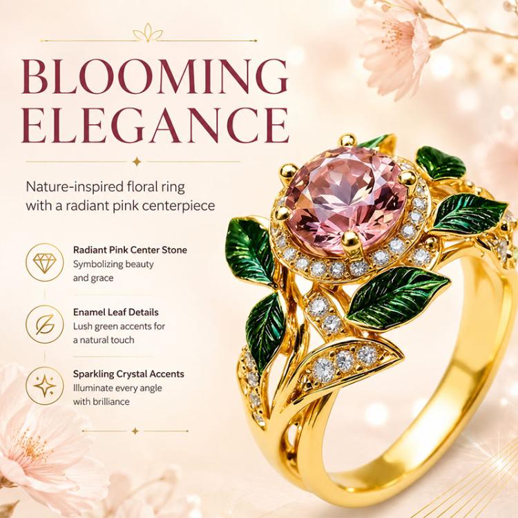 Exquisite Oil Drop Craft Flower Pink Gemstone Ring, Number 8