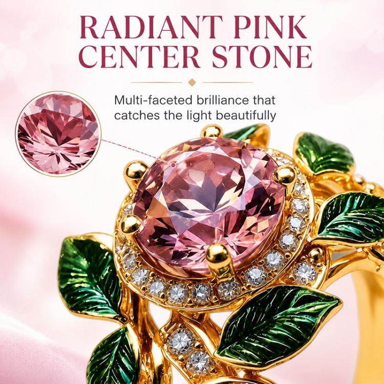 Exquisite Oil Drop Craft Flower Pink Gemstone Ring, Number 8