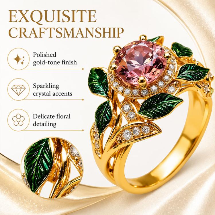 Exquisite Oil Drop Craft Flower Pink Gemstone Ring, Number 8