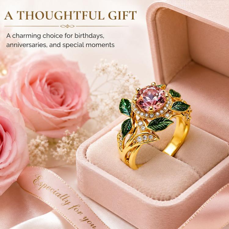 Exquisite Oil Drop Craft Flower Pink Gemstone Ring, Number 8