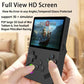 Black handheld retro game console held in hands, showing 3.5-inch screen and buttons