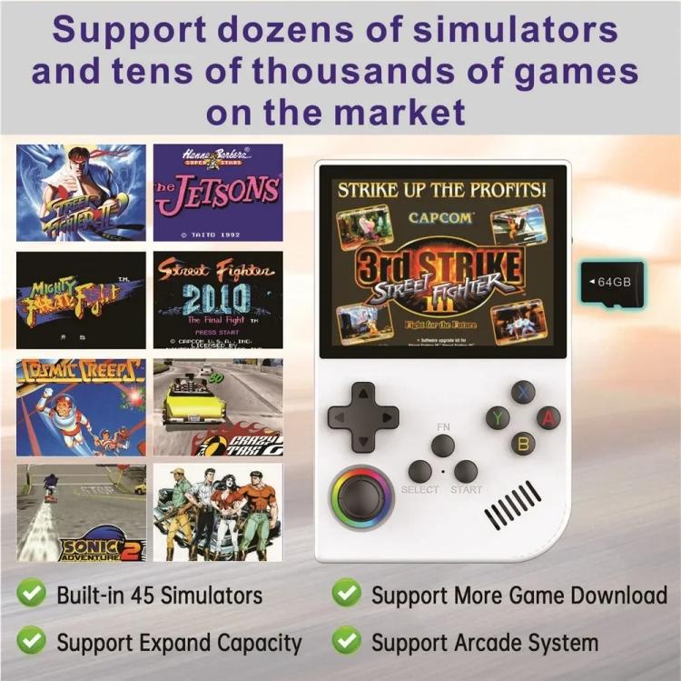 White handheld retro game console with controls beneath the 3.5-inch game screen