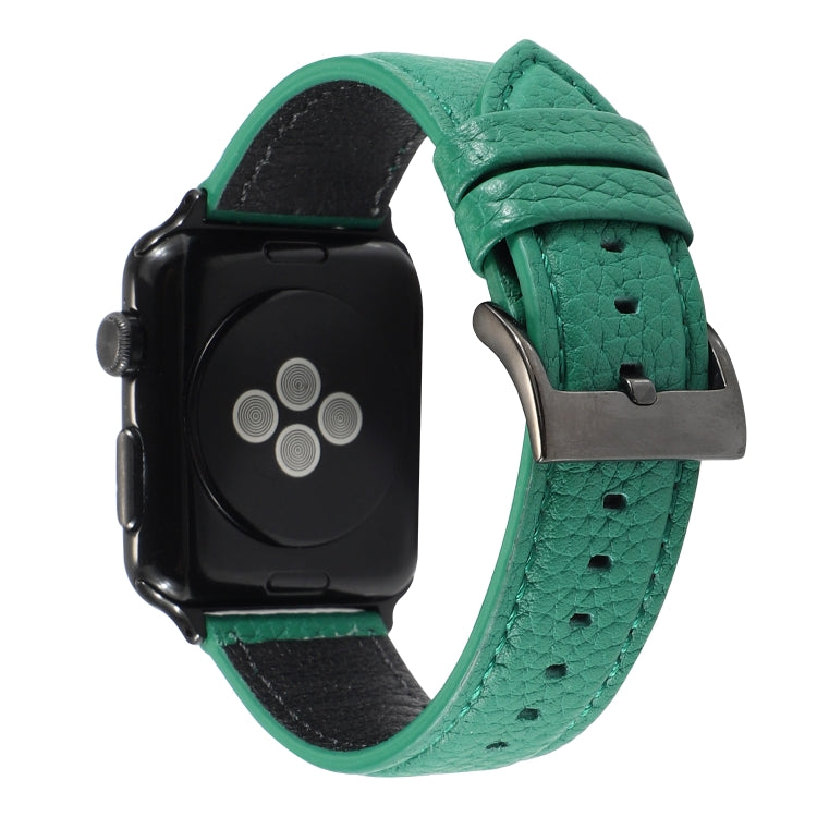 Genuine leather watch band, litchi texture, green, metal buckle for Apple Watch