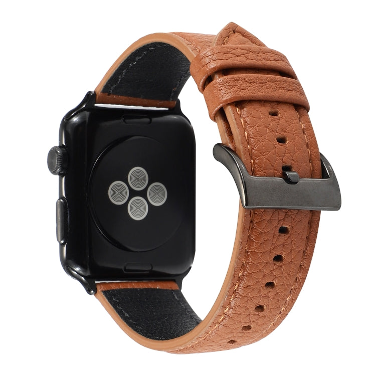 Genuine leather watch band, litchi texture, tan, metal buckle for Apple Watch