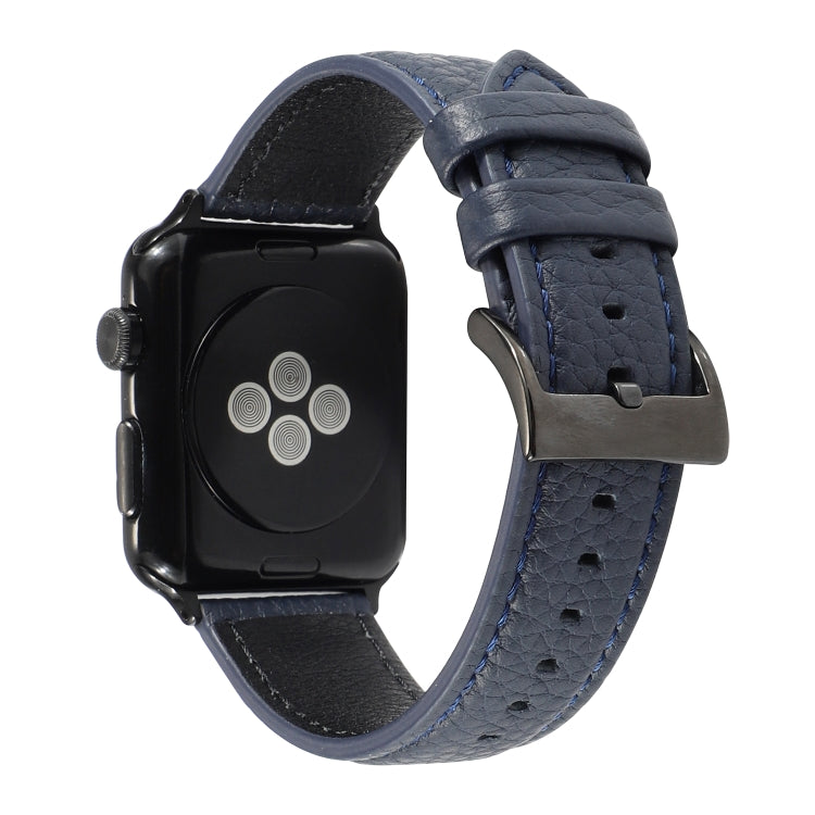 Genuine leather watch band, litchi texture, navy blue, metal buckle for Apple Watch