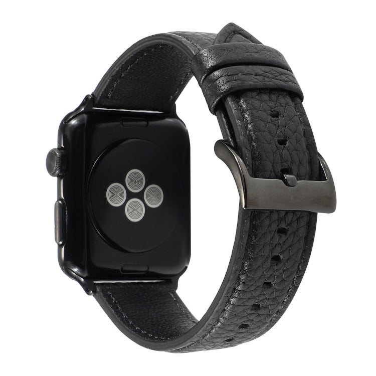 Genuine leather watch band, litchi texture, black, metal buckle for Apple Watch