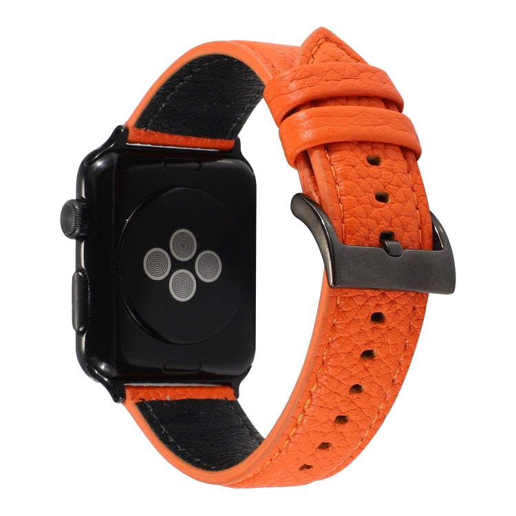 Genuine leather watch band, litchi texture, orange, metal buckle for Apple Watch