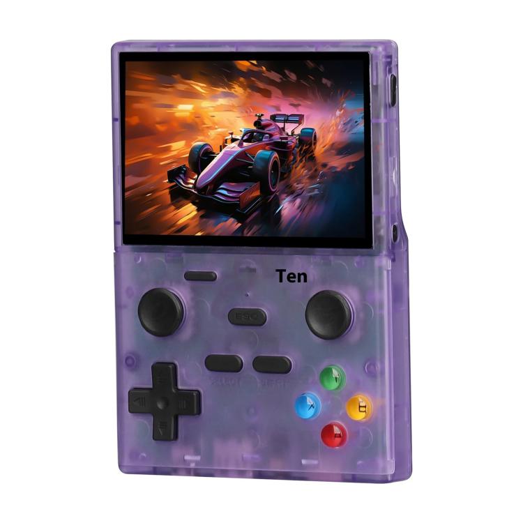 Translucent purple handheld retro game console with 3.5-inch screen and D-pad