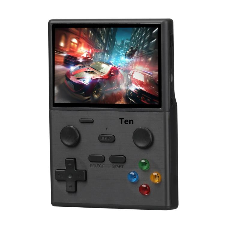 Black handheld retro game console front view with game screen and colorful action buttons