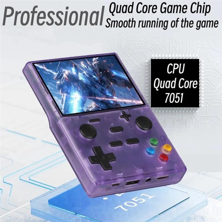 Translucent purple handheld retro game console with angled view of 3.5-inch game screen