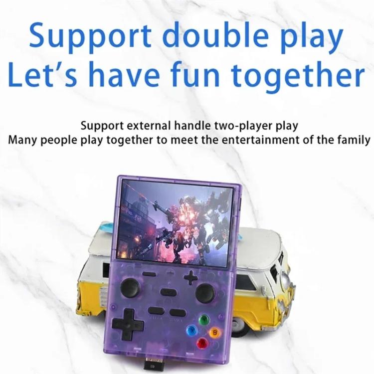 Translucent purple handheld retro game console with colorful buttons and game screen