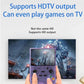 Translucent purple handheld retro game console held in hands with game screen