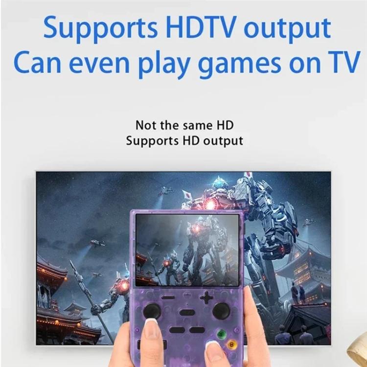 Translucent purple handheld retro game console held in hands with game screen