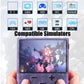 Translucent purple handheld retro game console in hands with game screen and controls