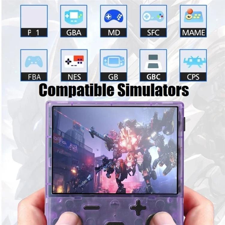 Translucent purple handheld retro game console in hands with game screen and controls