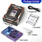 Translucent purple handheld retro game console kit with screen, buttons, cable, manual
