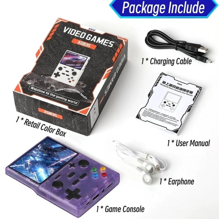Translucent purple handheld retro game console kit with screen, buttons, cable, manual