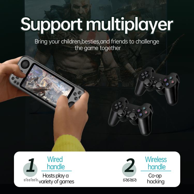 Handheld game console held in hand with touchscreen and side buttons, dark gray